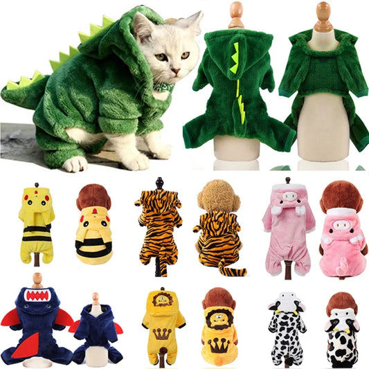 Coral Fleece Cosplay Costume for Pet, Cute Dinosaur, Tiger, Cow, Pet Clothes, Warm Dog Hoodies