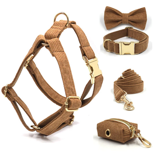 Brown Corduroy Dog Harness and Leash Set Luxury Designer